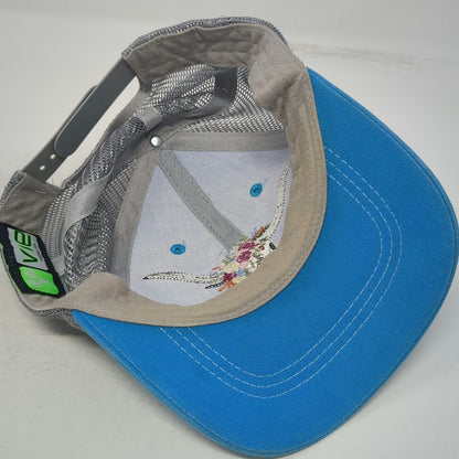 Vie Trucker Hat Blue Gray White One Size Mesh Floral Longhorn Skull Embroidery