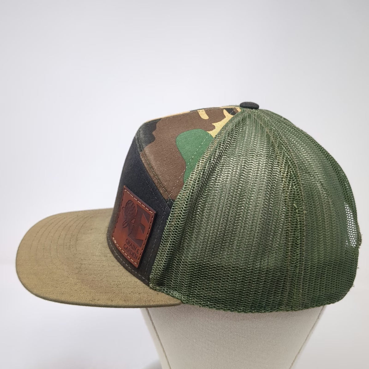 Grain & Garden Trucker Hat Green Camo 7 Panel One Size Leather Patch Snapback