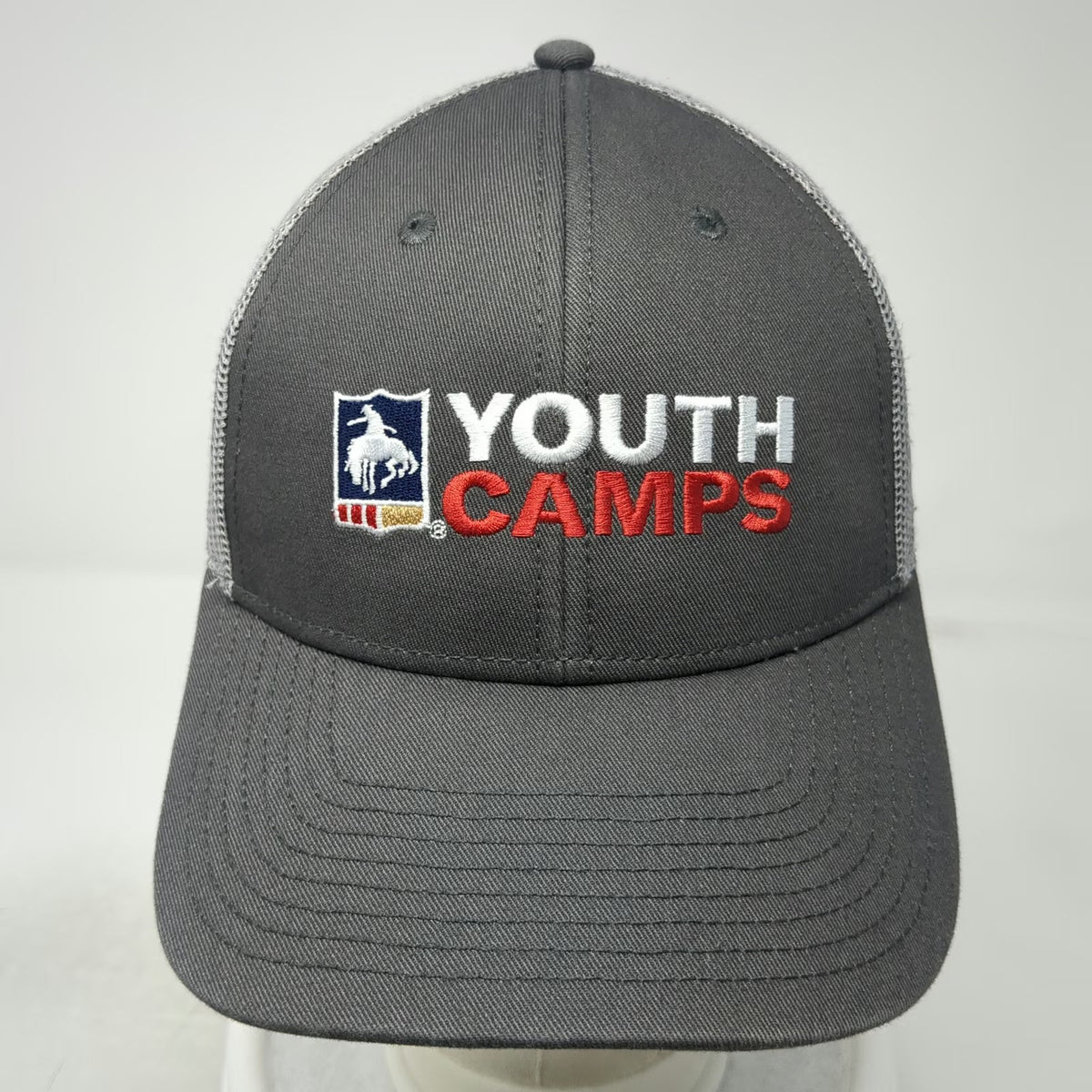 The Game Trucker Hat Gray One Size PRCA Youth Camps Rodeo Starts Here Mesh