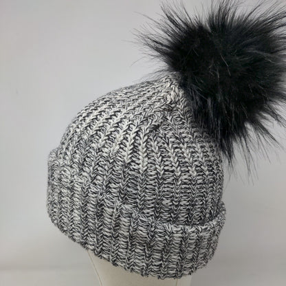 Love Your Melon Beanie Hat Multicolor One Size Hand Knitted Faux Fur Pom Pom