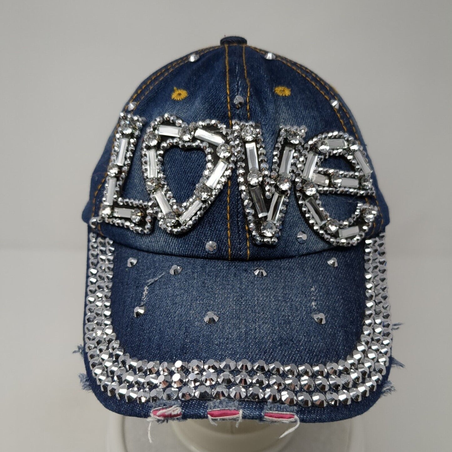 LOVE Studded Slideback Hat Blue One Size Adjustable Denim Distressed Rhinestone