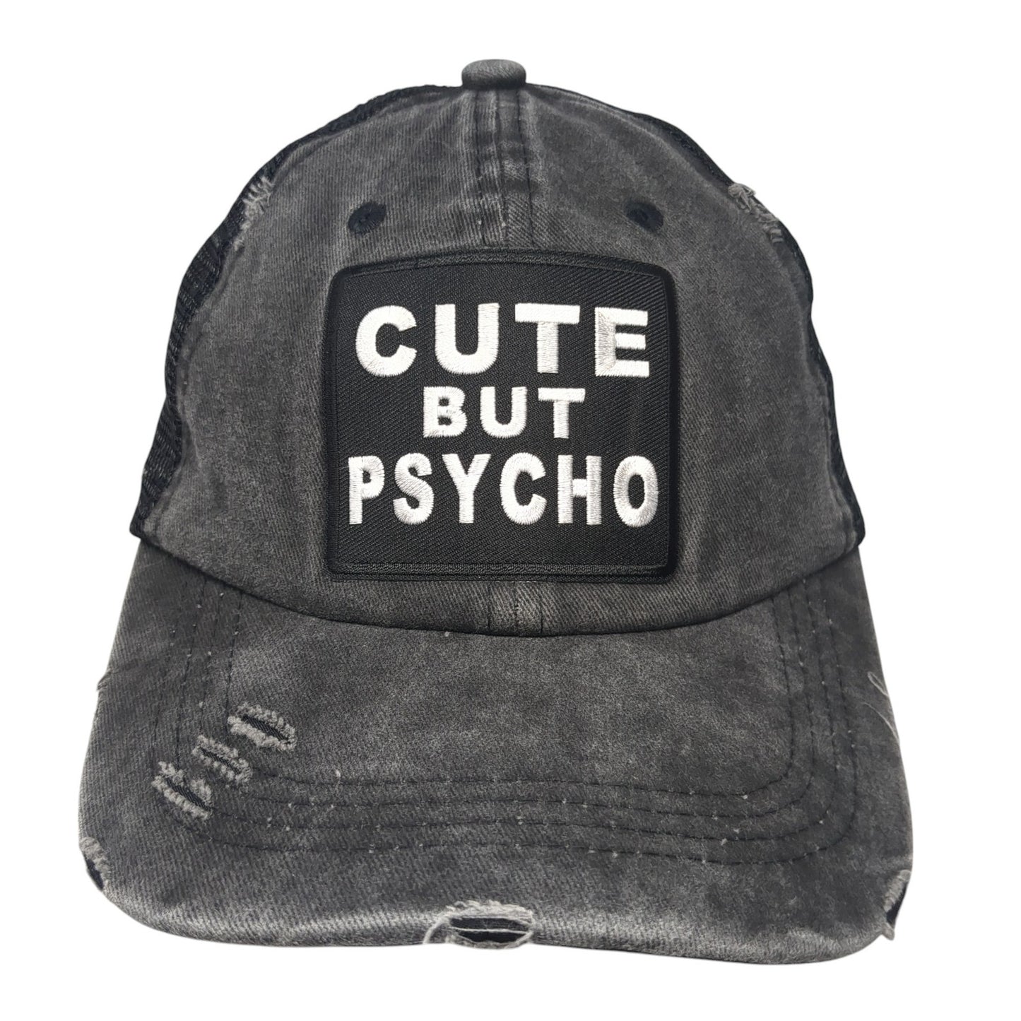 Cute But Pasycho Ponytail Trucker Hat Gray One Size Mesh Back Distressed