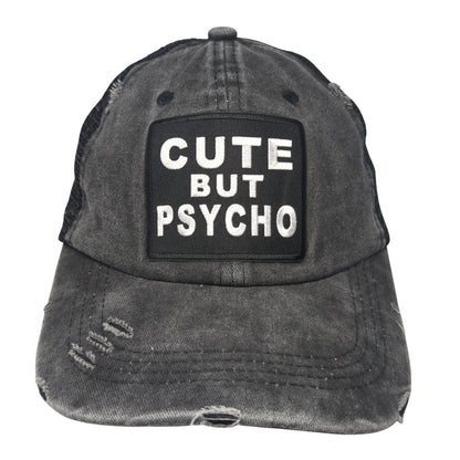 Cute But Pasycho Ponytail Trucker Hat Gray One Size Mesh Back Distressed