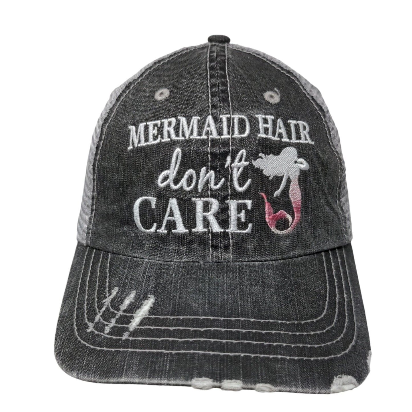 Mermaid Hair Don't Care Strapback Mesh Back Trucker Hat Gray OSFA
