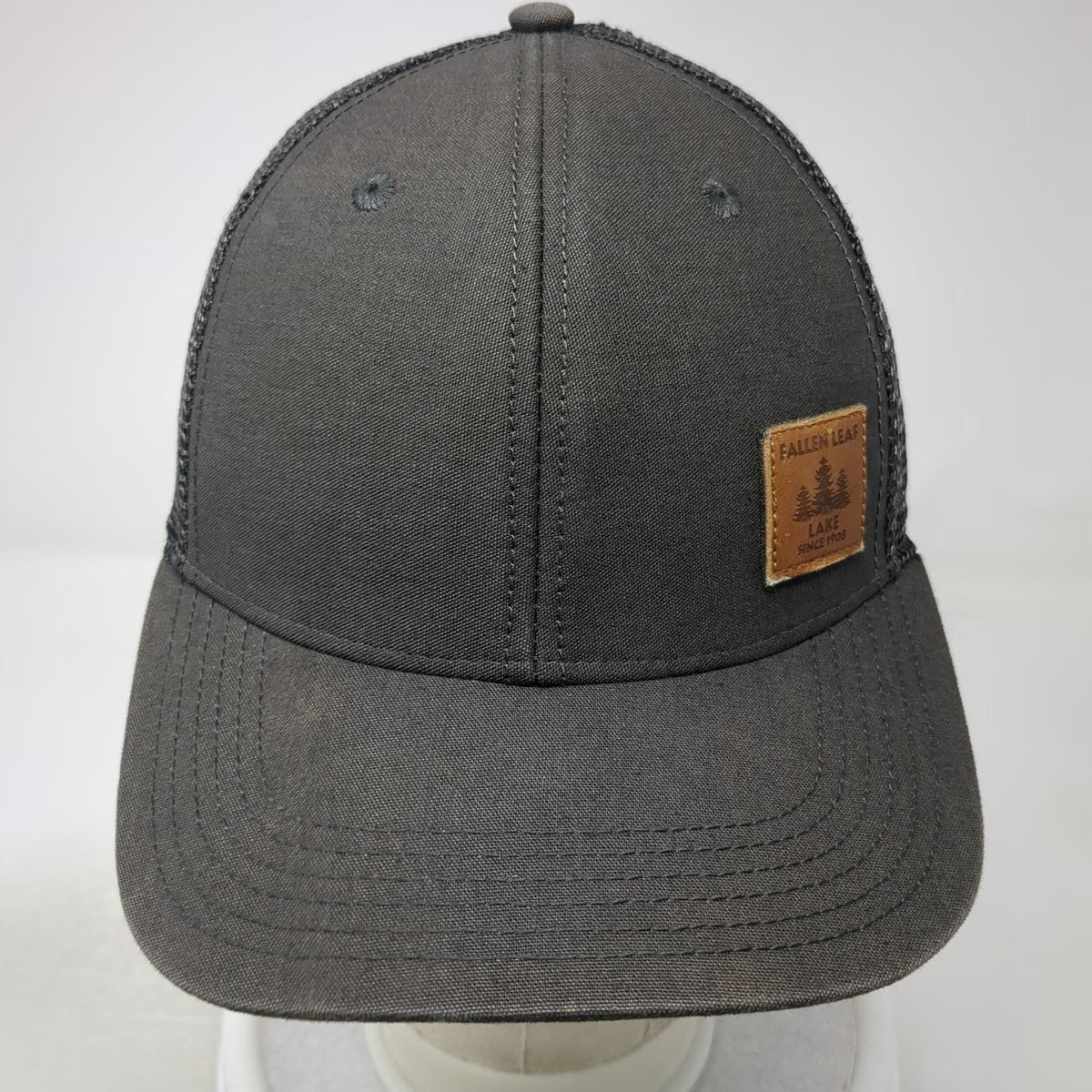 Legacy Trucker Hat Gray One Size Fallen Leaf Lake Leather Patch Mesh Snapback
