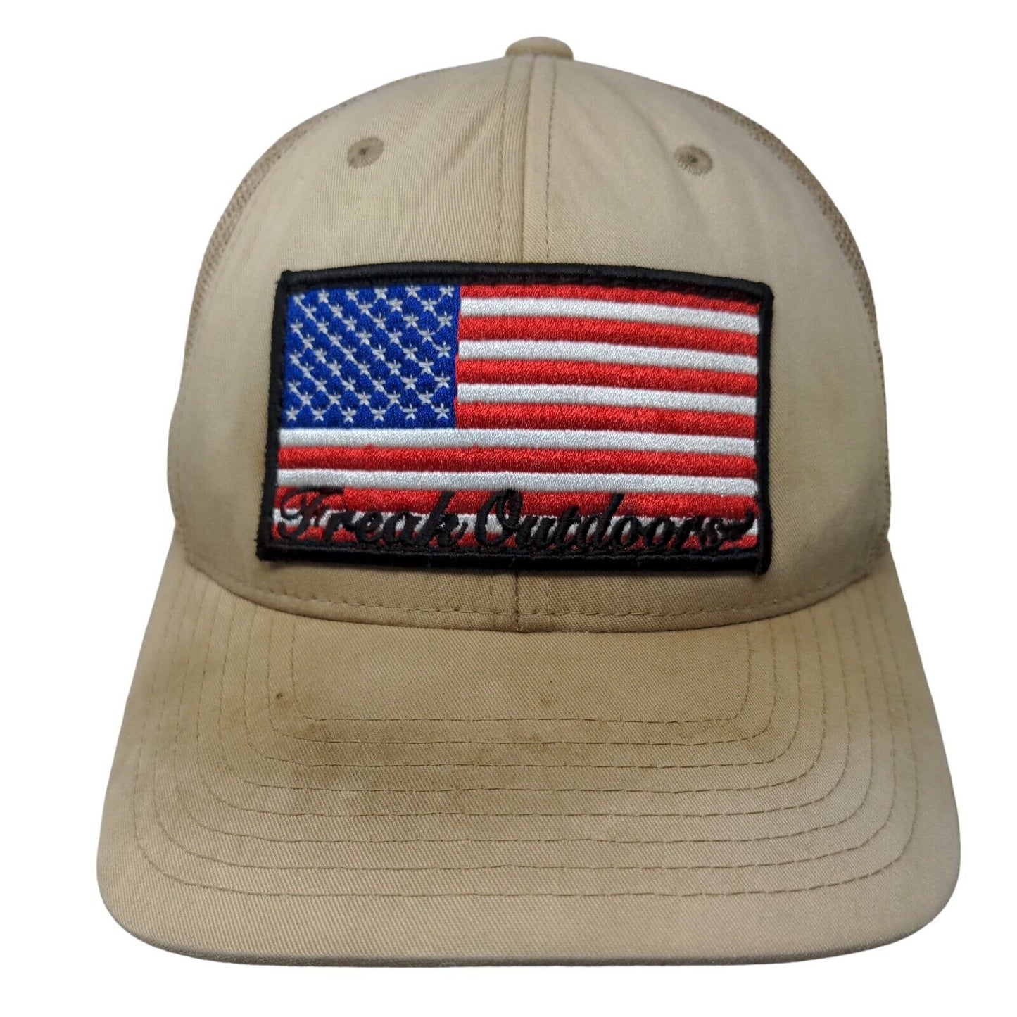 American Flag Freak Outdoors Snapback Mesh Back Trucker Hat Tan One Size