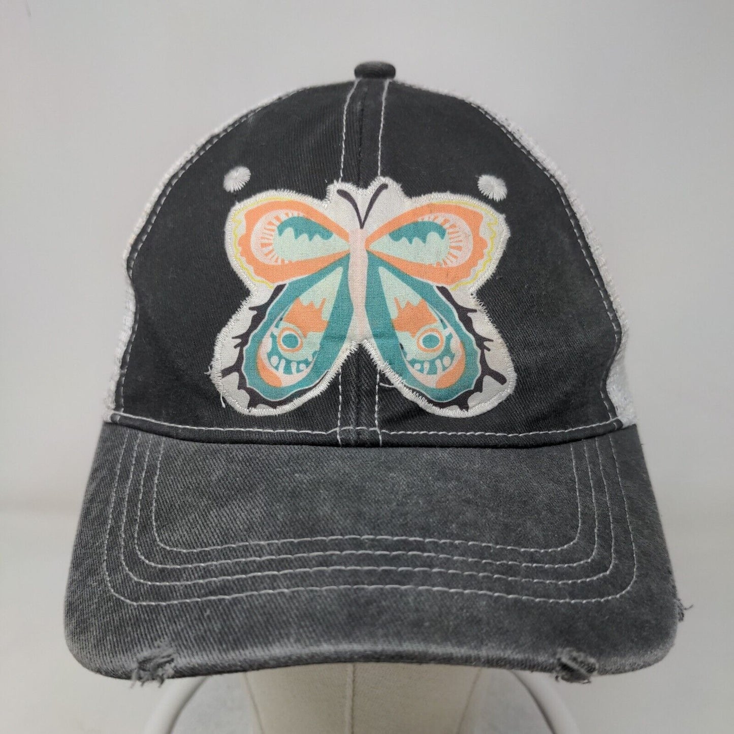 Joy In The Stitches Butterfly Strapback Trucker Hat Gray One Size Mesh Back