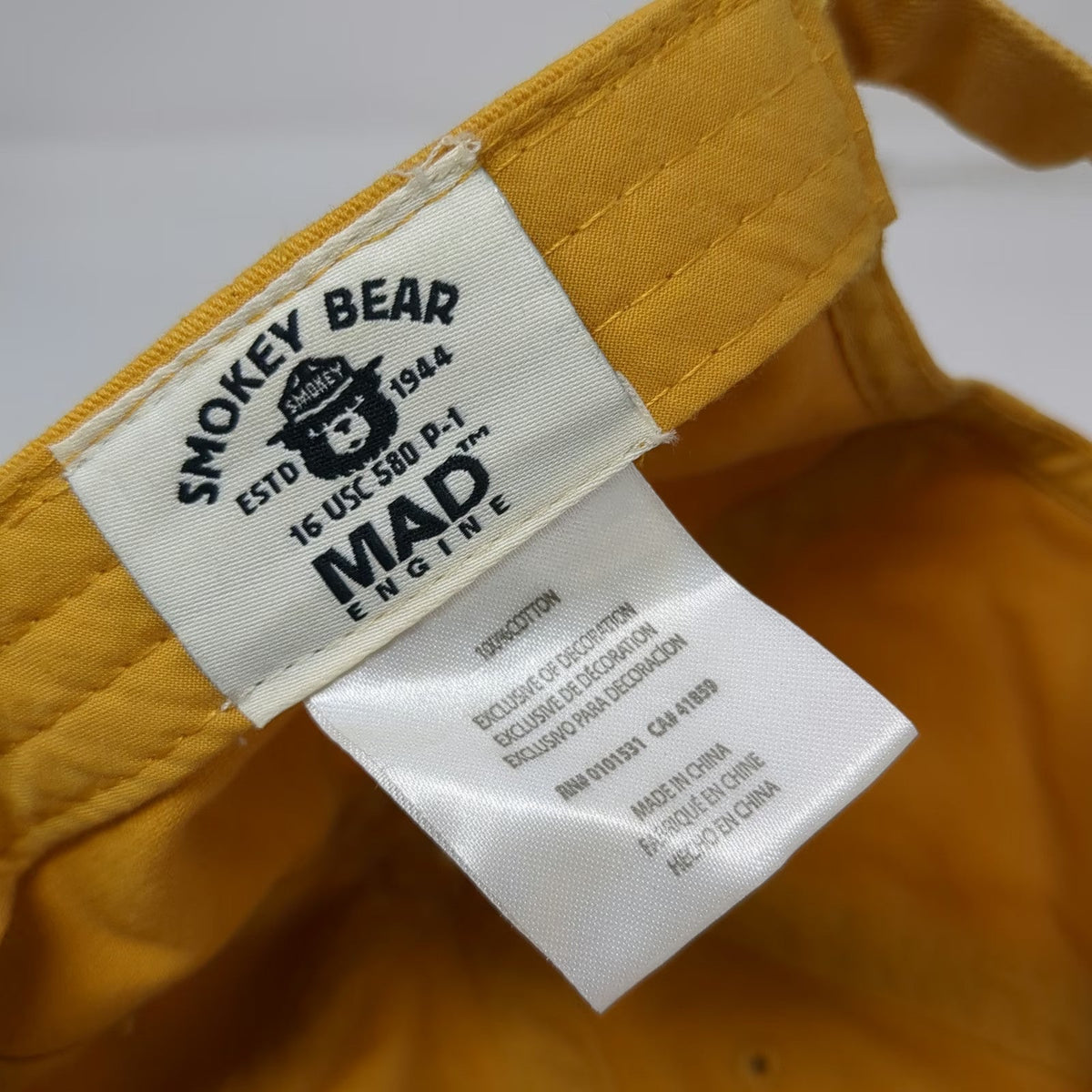 MAD Engine Smokey Bear Baseball Cap Yellow One Size Cotton Slideback Hat