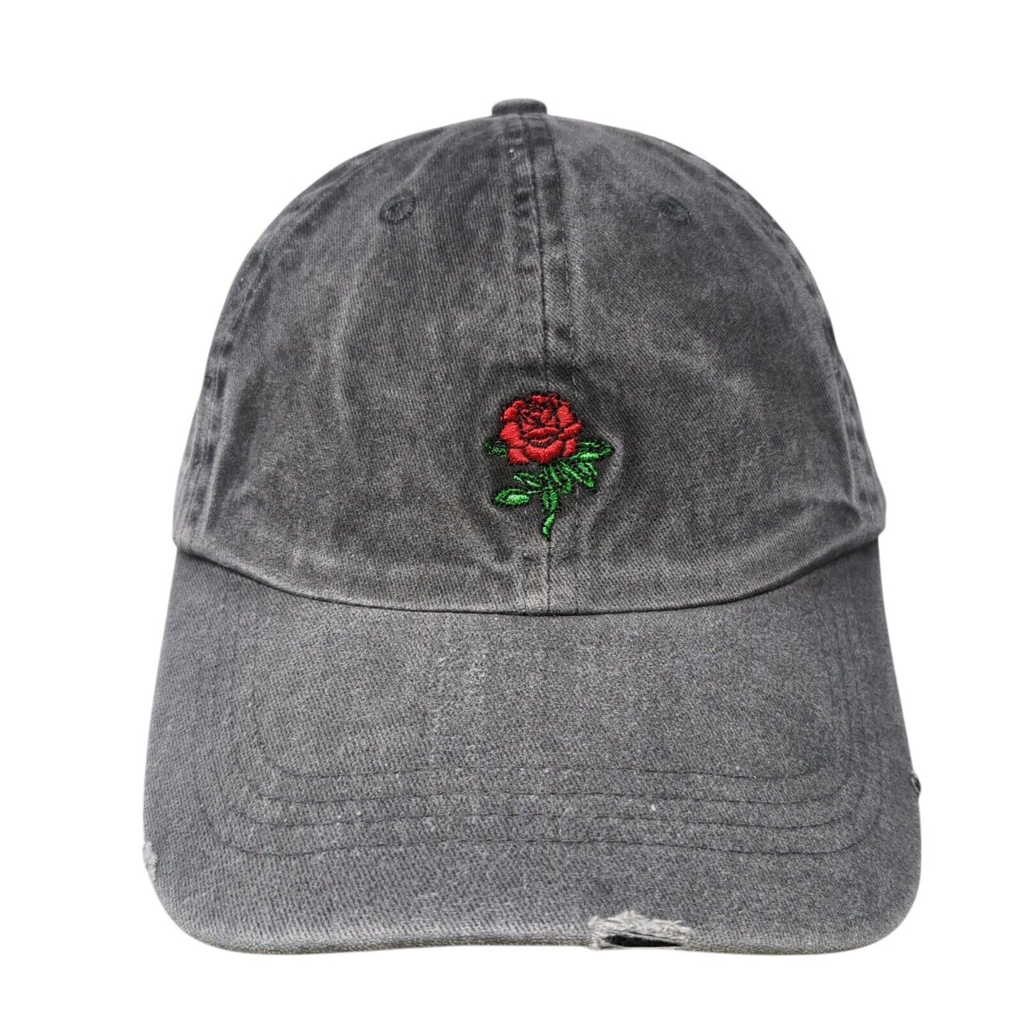 Rose Slideback Hat Gray One Size Adjustable Embroidered Flower Distressed Cotton