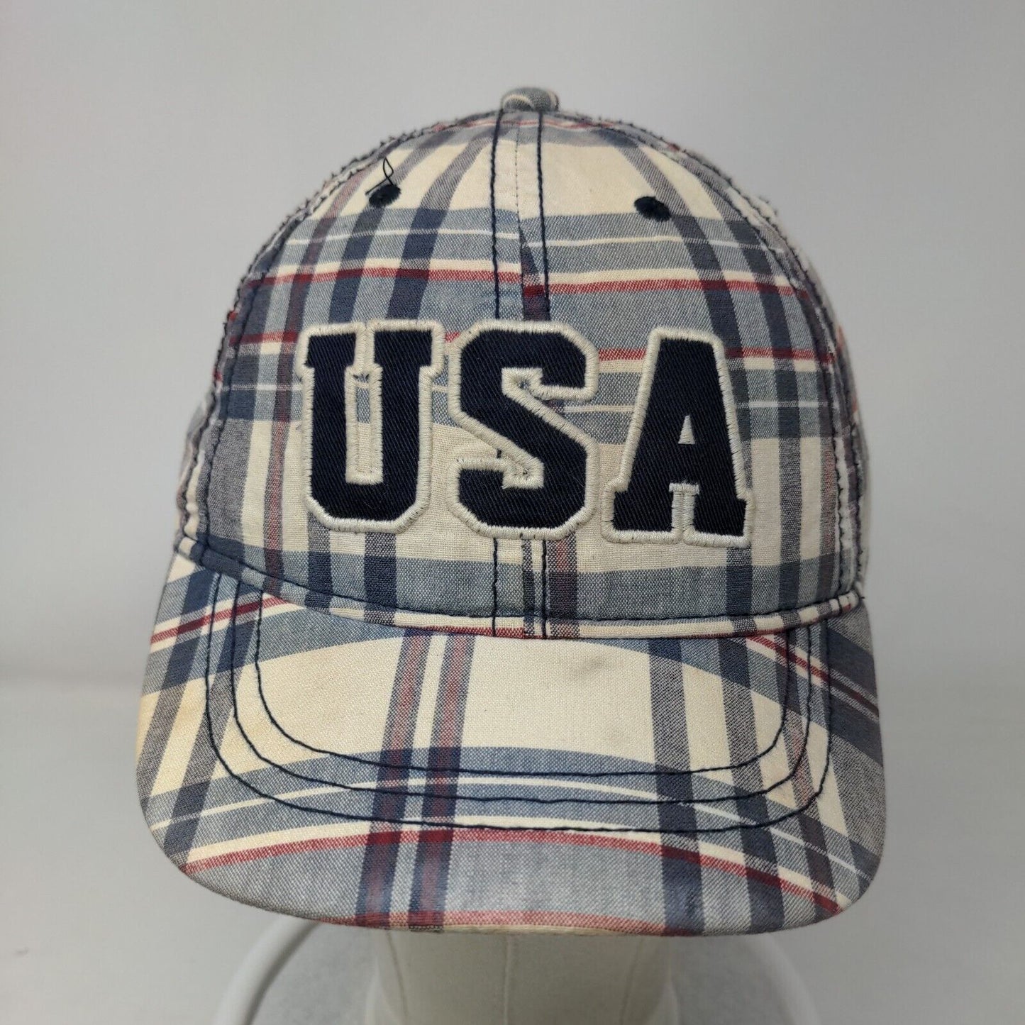 USA Strapback Hat Multicolor Size 4-7 Plaid Patriotic Embroidered 6 Panel