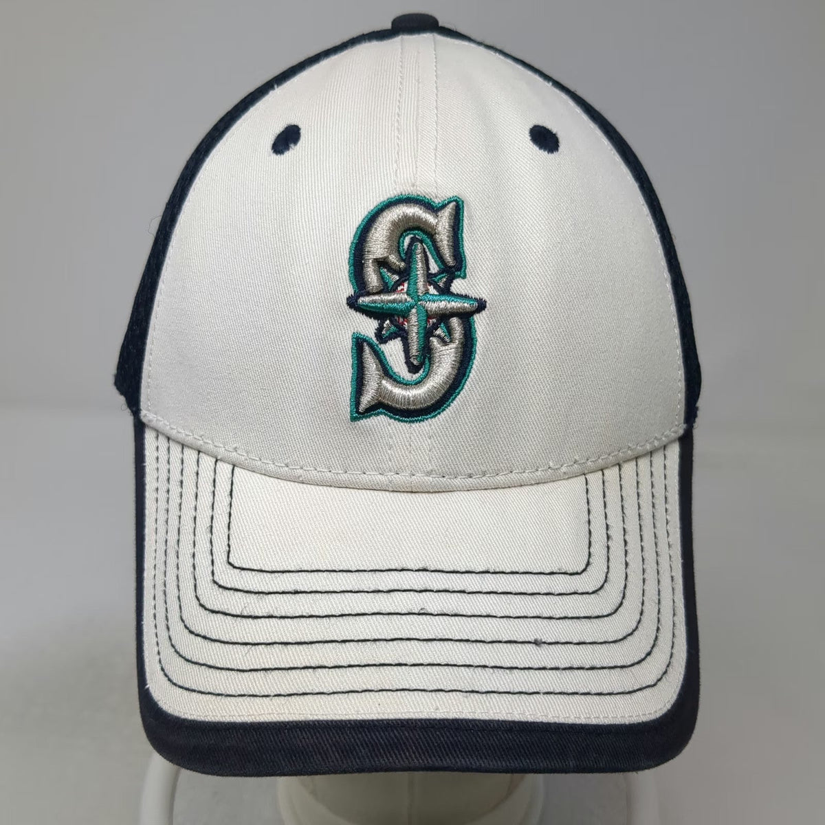Seattle Mariners MLB New Era Baseball Cap White Blue L Mesh Back Stretch Fit Hat
