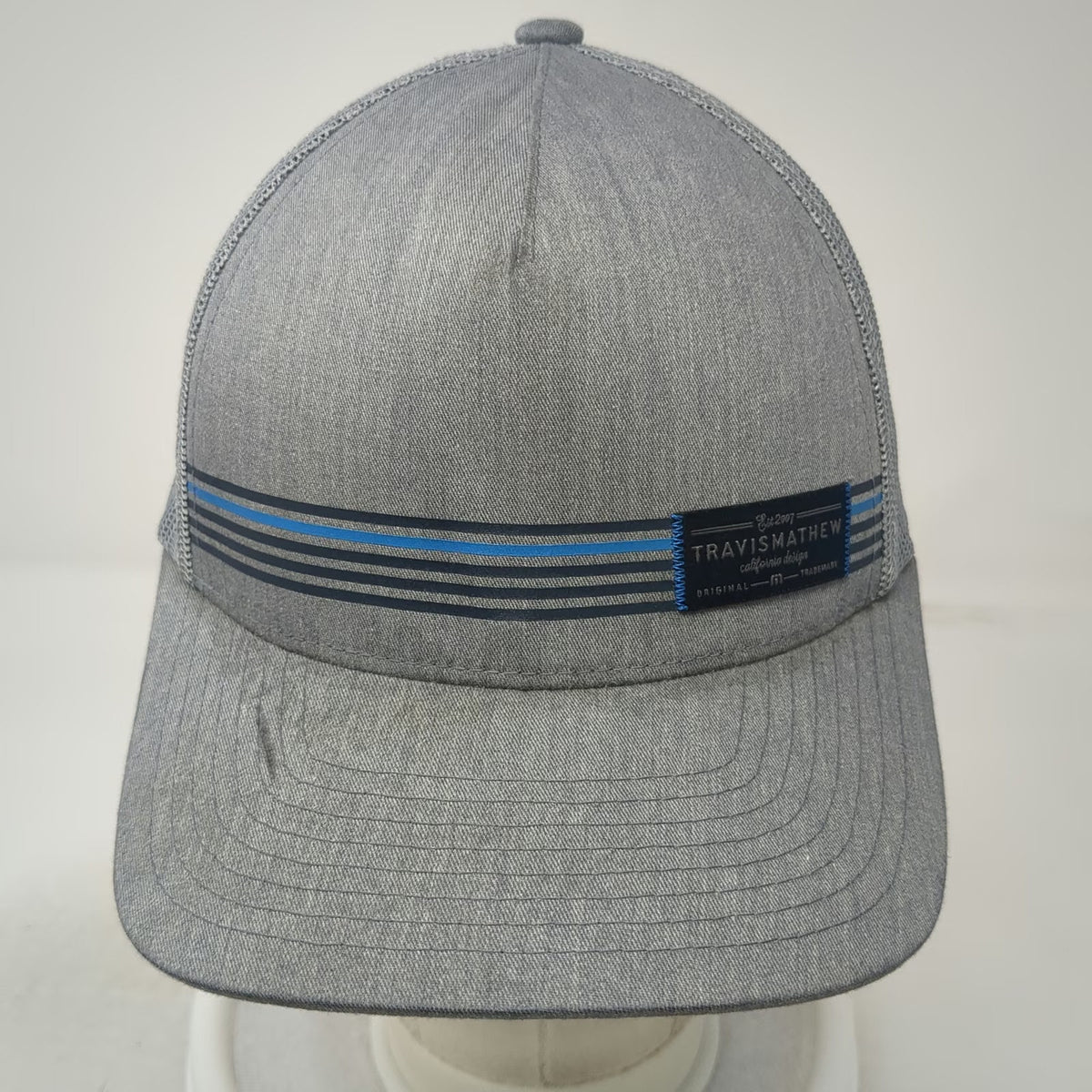 TravisMathew Trucker Hat Gray OSFM Mesh Back Snapback Striped California Logo