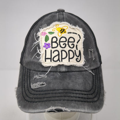 Bee Happy Strapback Trucker Hat Gray One Size Ponytail C.C Exclusives