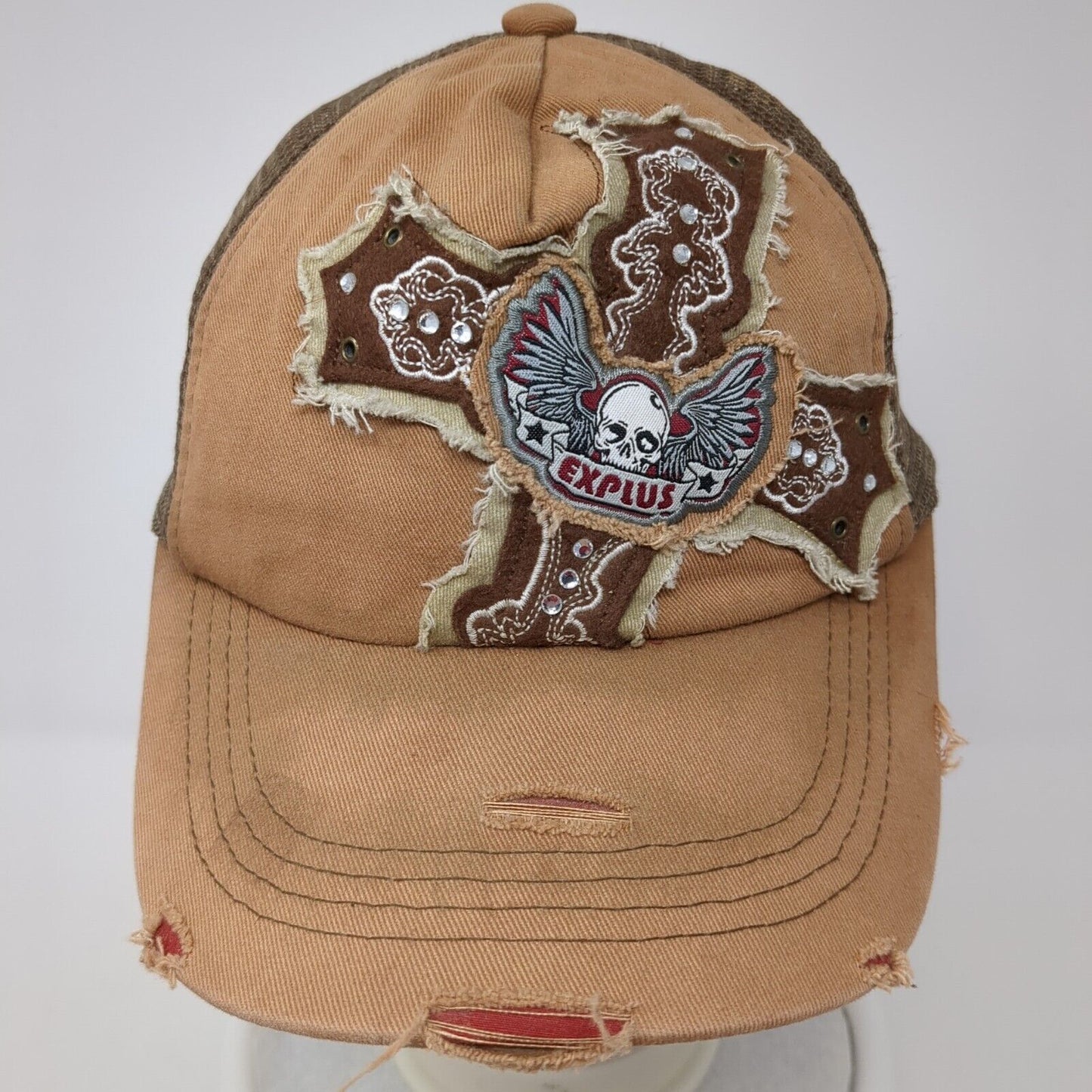 Explus Cross Strapback Trucker Hat Brown OS Adjustable Mesh Back Distressed