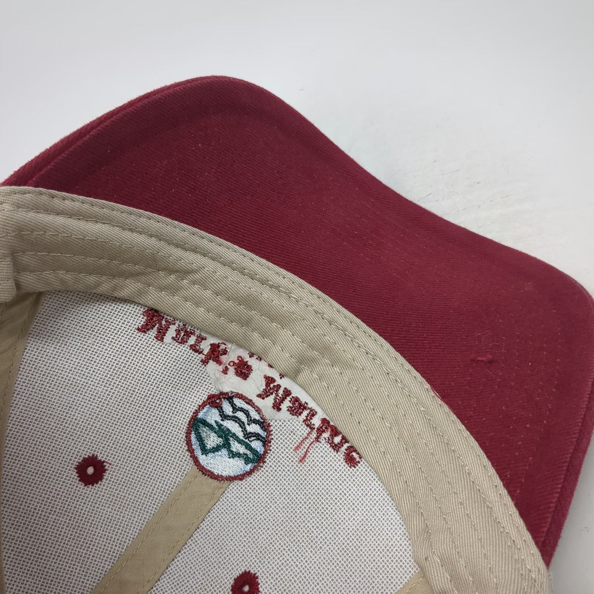 Falcon Baseball Cap Beige Red Mark's Marine Coeur d'Alene ID One Size Cotton Hat