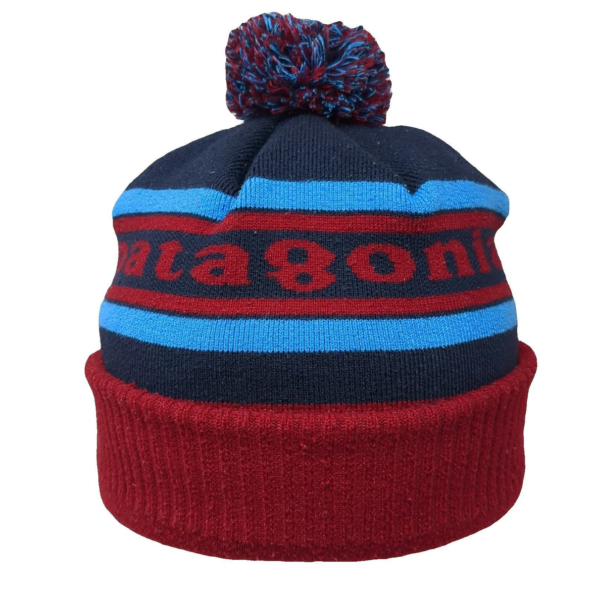 Patagonia Beanie Blue Red One Size Pom Pom Cuffed Striped Logo Winter Knit Hat