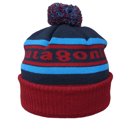 Patagonia Beanie Blue Red One Size Pom Pom Cuffed Striped Logo Winter Knit Hat