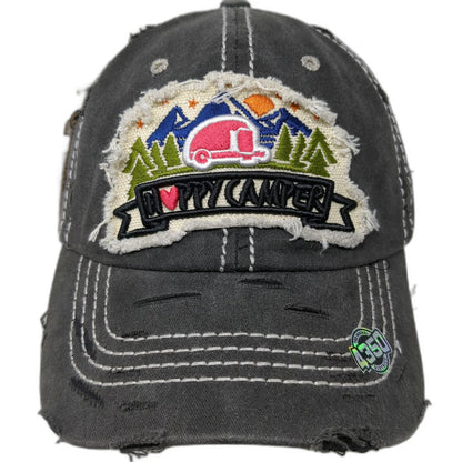 4350 District Baseball Cap Gray One Size Happy Camper Distressed Strapback Hat