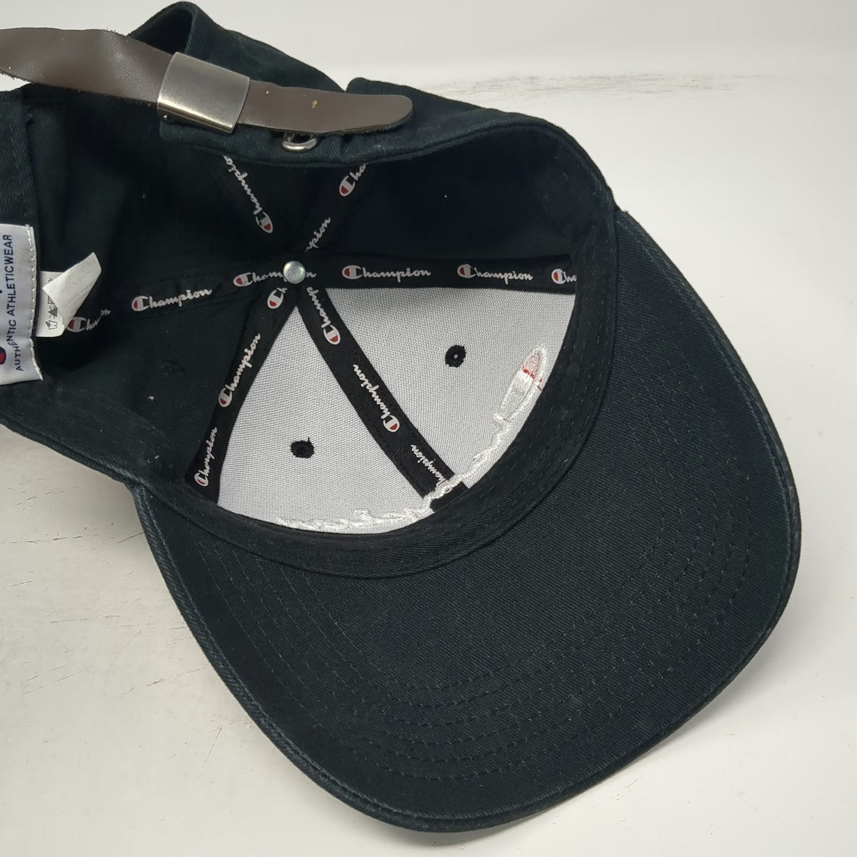 Champion Baseball Cap Black One Size Slideback Leather Strap Embroidered Hat
