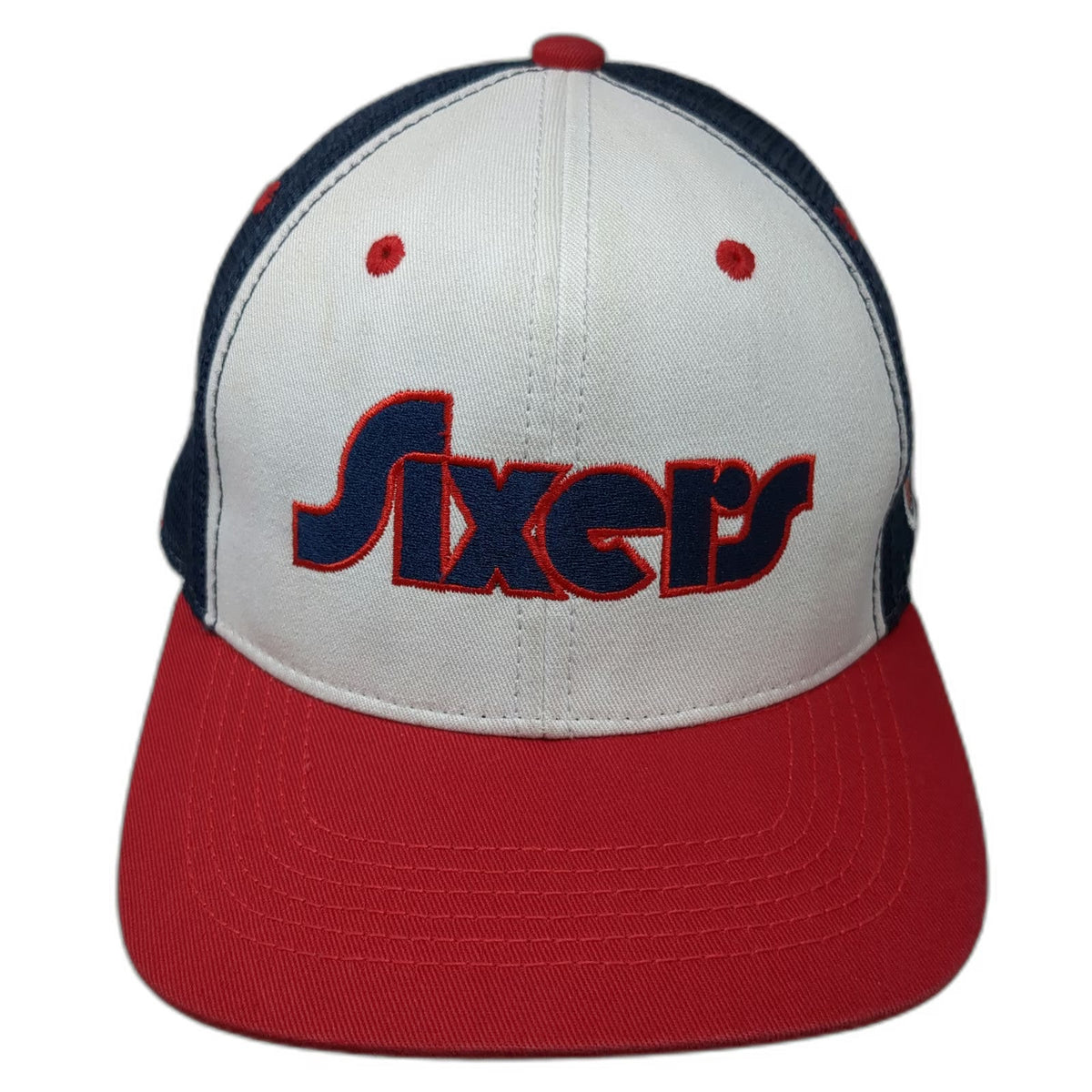 Sixers Trucker Hat White Blue Red One Size Spectrum Side Patch Mesh Snapback