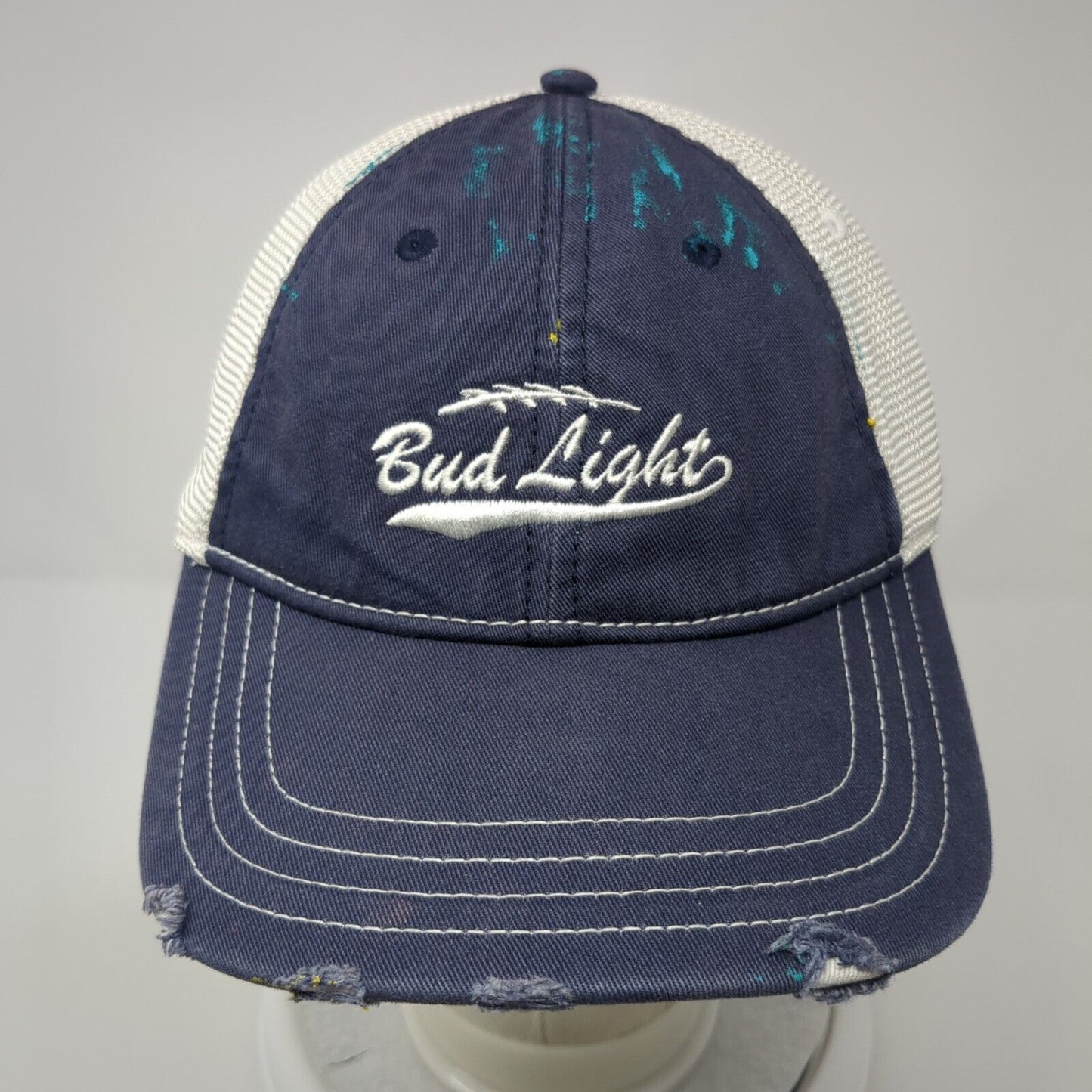 Bud Light Strapback Trucker Hat Blue One Size Adjustable Mesh Back Distressed