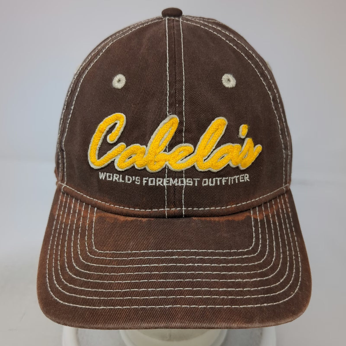 Cabela's Baseball Cap Brown One Size Contrast Stitching Yellow Logo Strap Hat