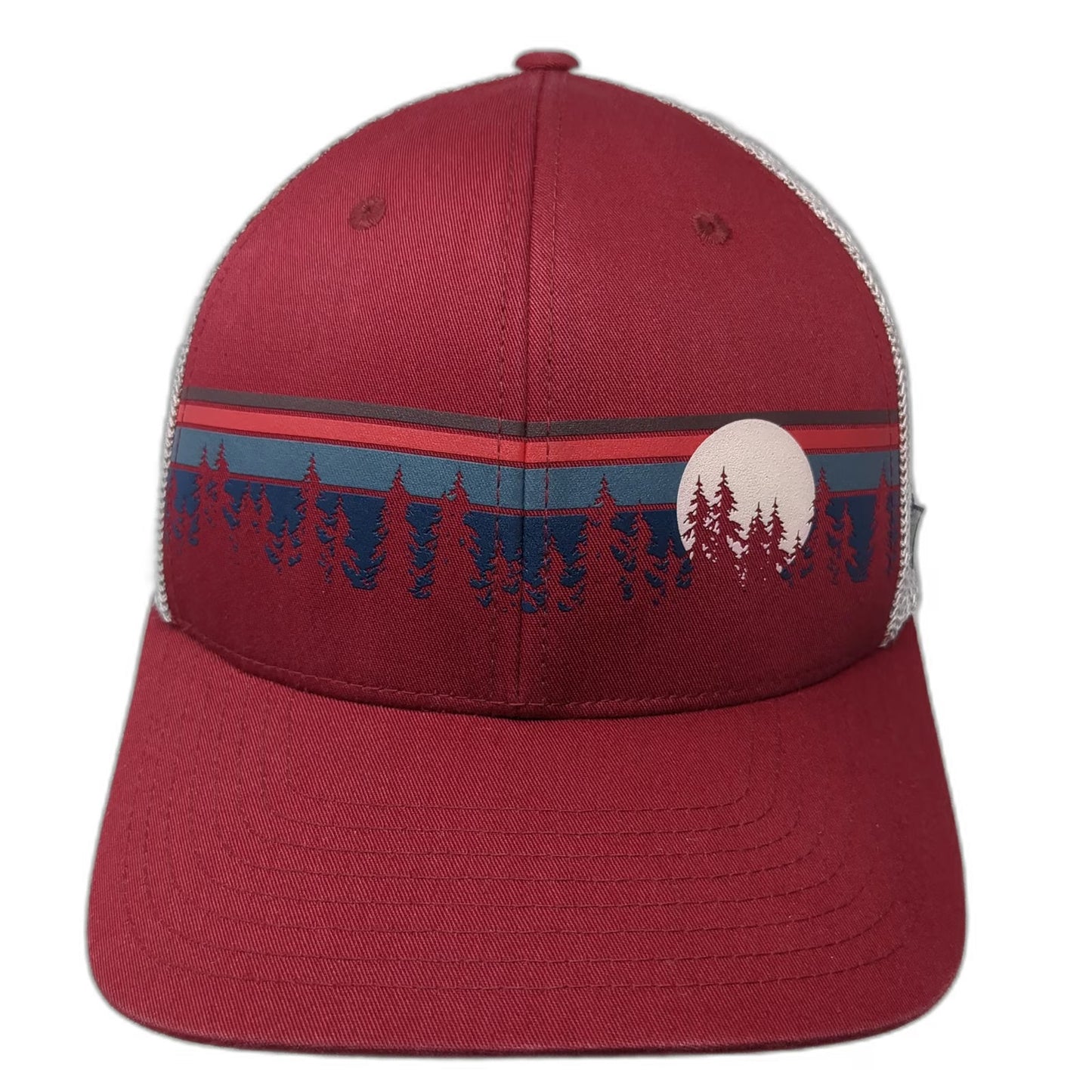 Columbia Baseball Cap Red One Size Fitted Mesh Back Pine Trees Moon Graphic Hat