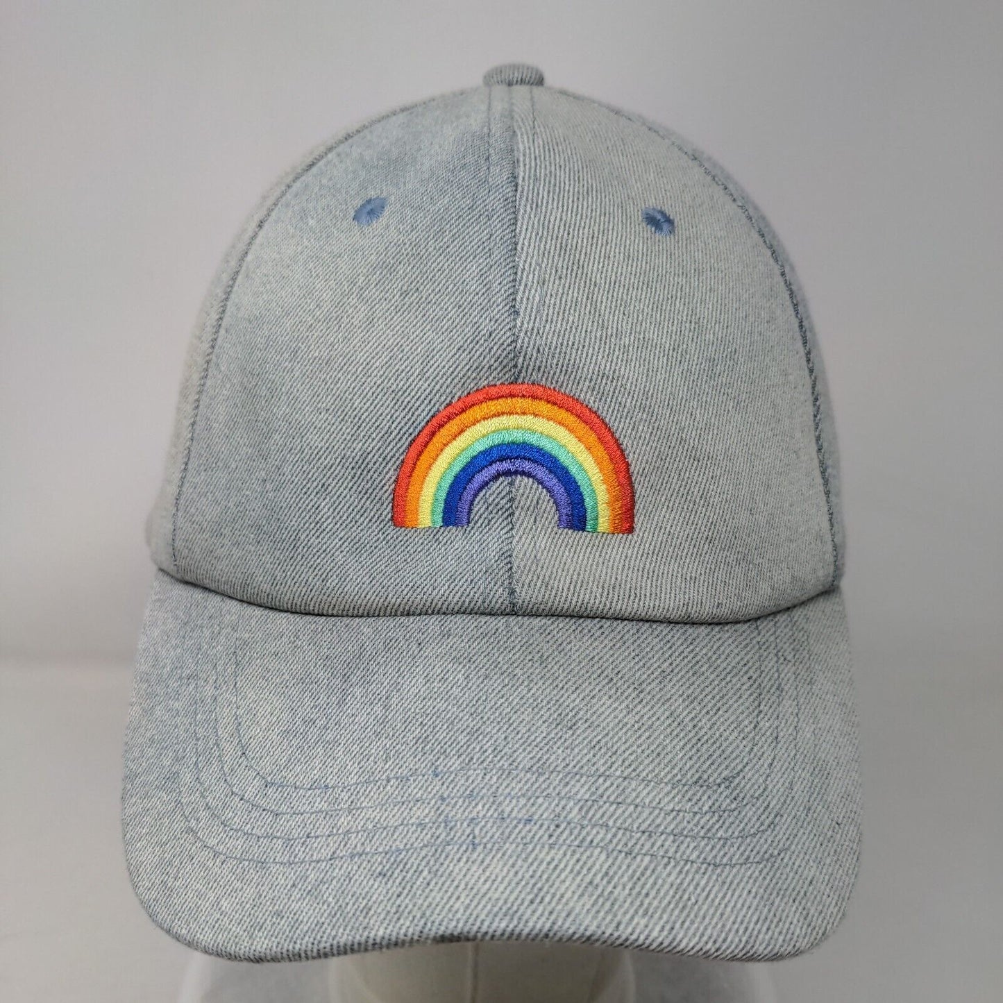 Rainbow Strapback Hat Blue One Size Embroidered Denim Vent Holes