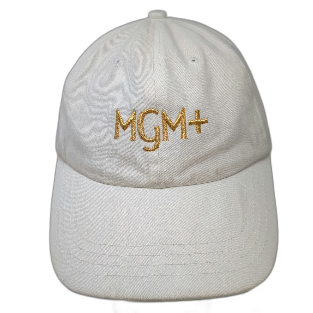 Quake City Caps MGM+ Baseball Cap White One Size Gold Embroidery Slideback Hat
