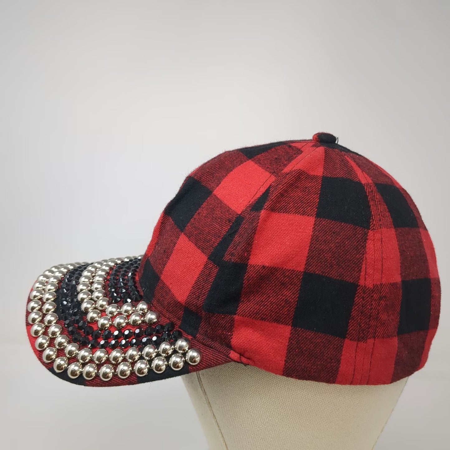 Ashley Stewart Baseball Cap Red Black Plaid One Size Studded Rhinestones Hat