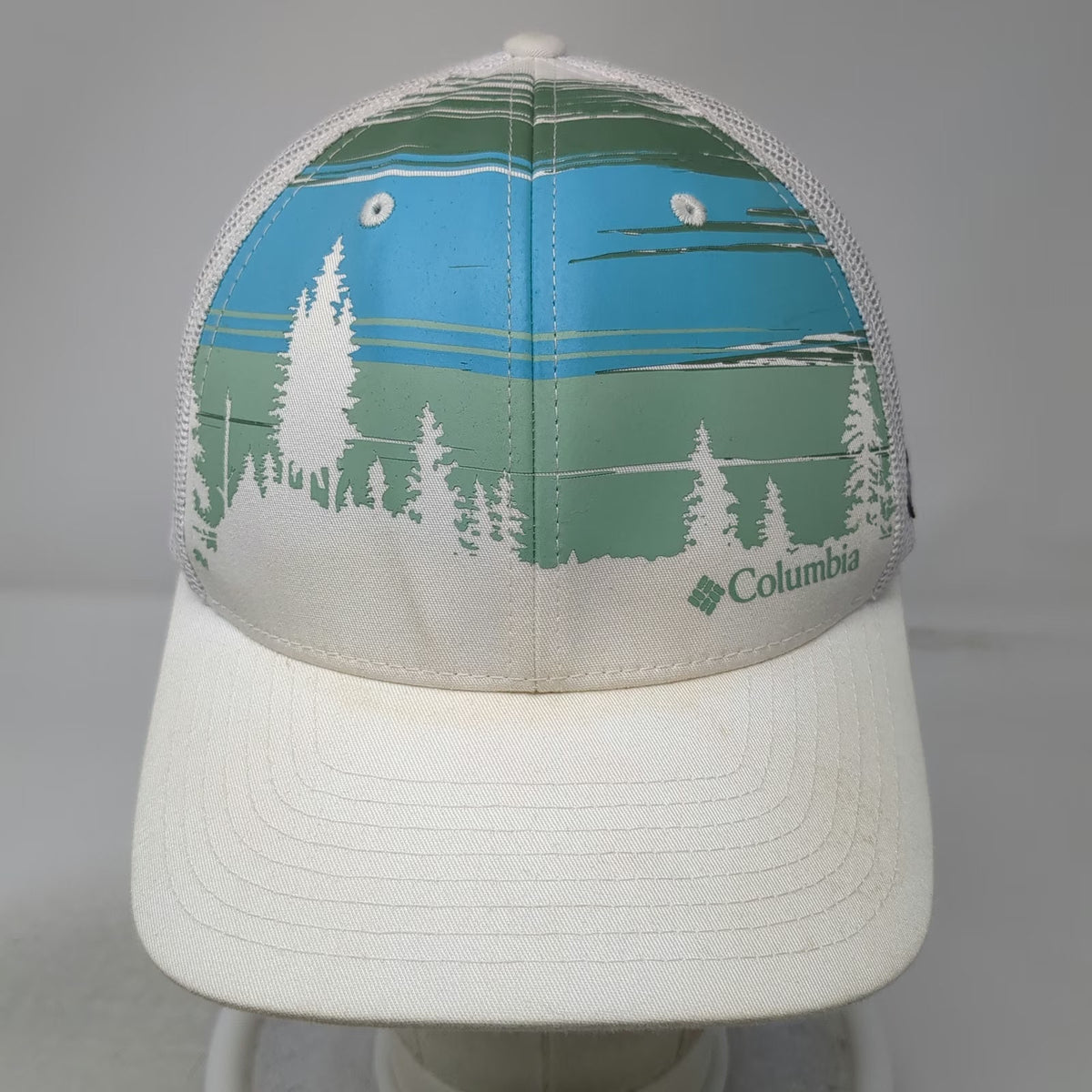 Columbia Trucker Hat White Blue Green One Size Landscape Graphic Mesh Snapback
