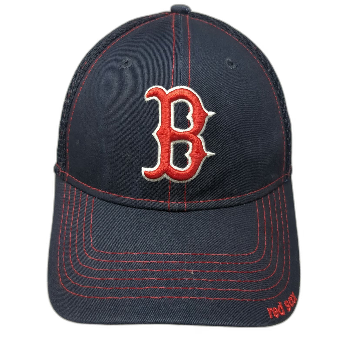 New Era Boston Red Sox MLB Blue M Baseball Cap Mesh Back Stretch Fit Red Stitch