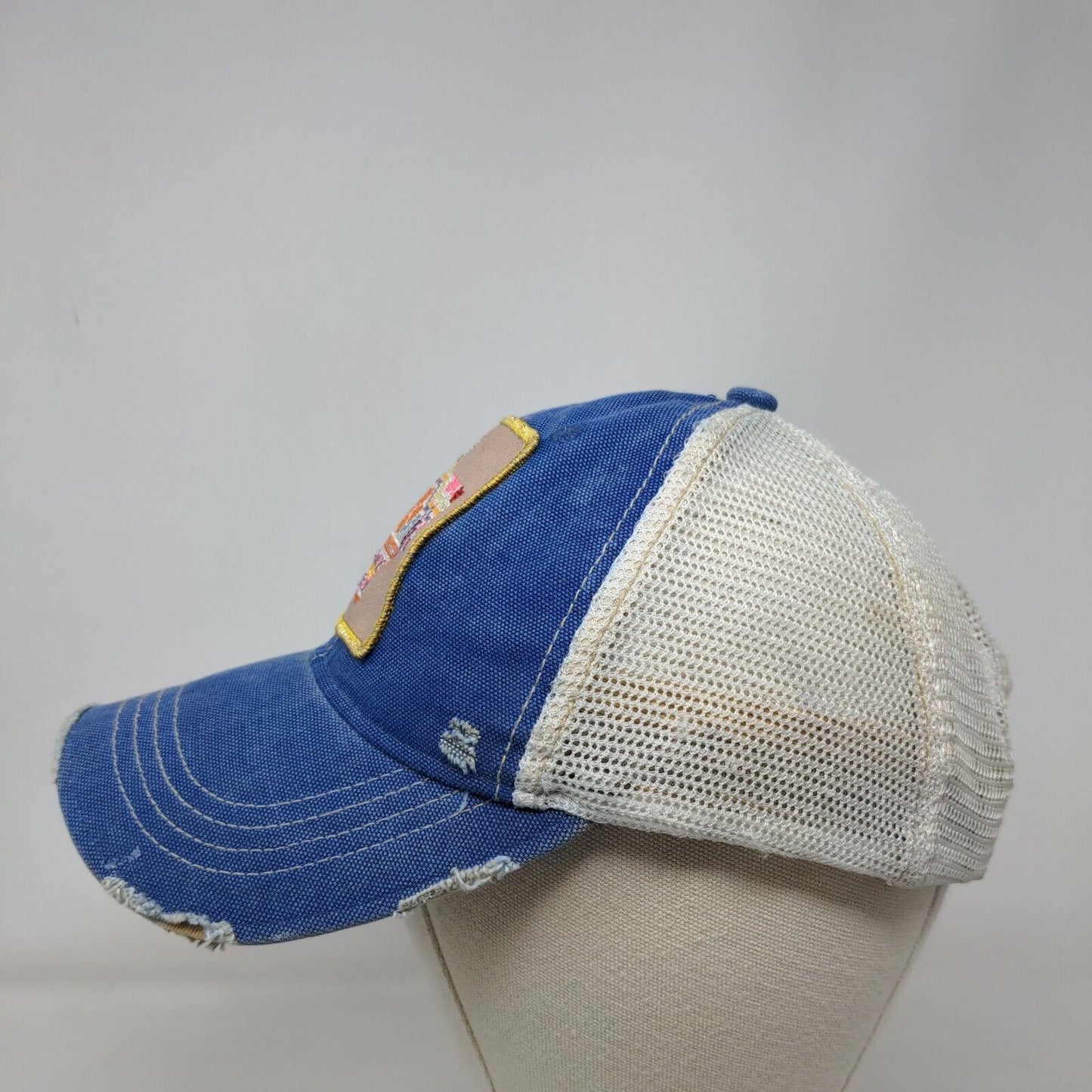 Judith March Patchwork Texas Trucker Hat Blue One Size Distressed Mesh Back