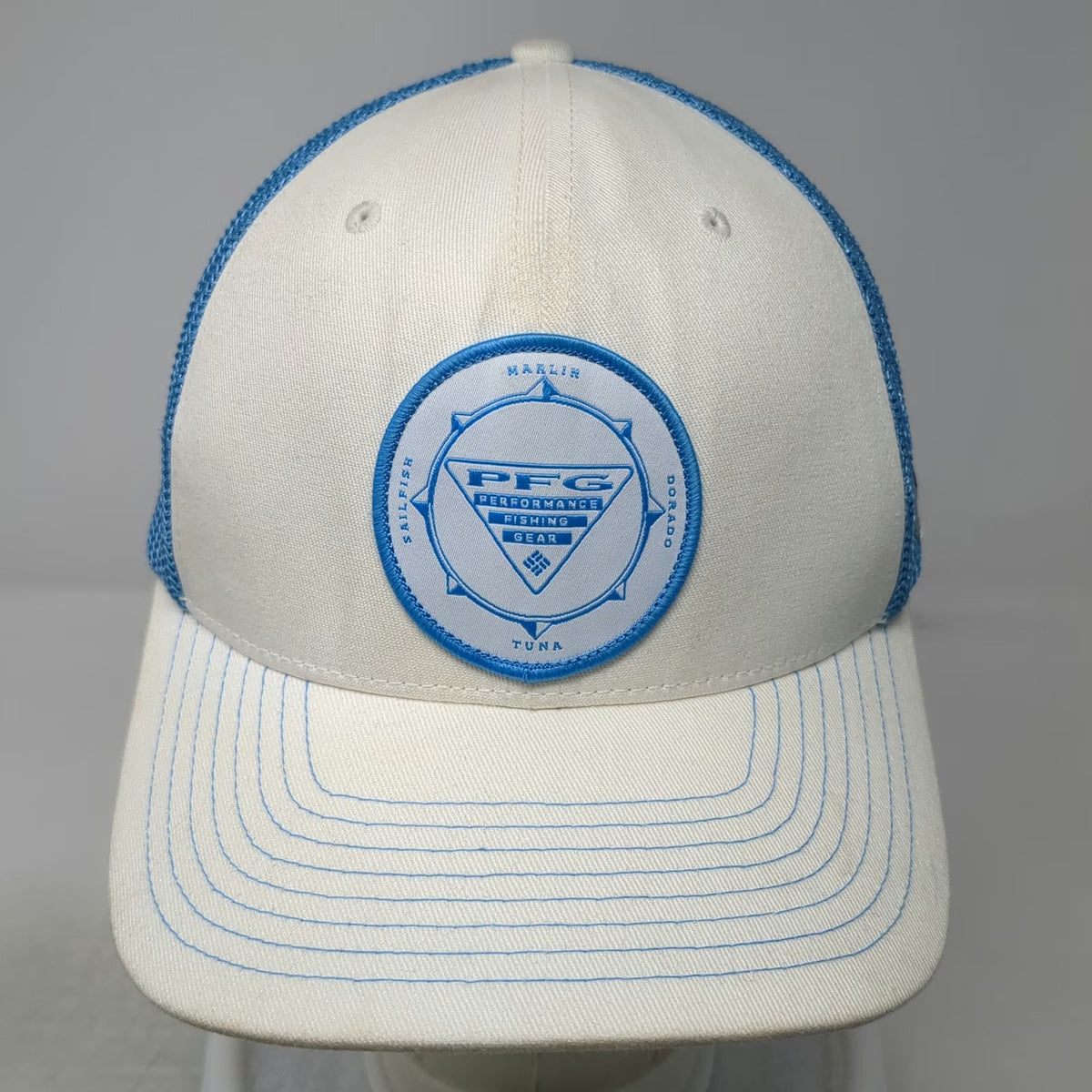 Columbia PFG Baseball Cap White Blue One Size Mesh Back Fishing Stretch Fit Hat