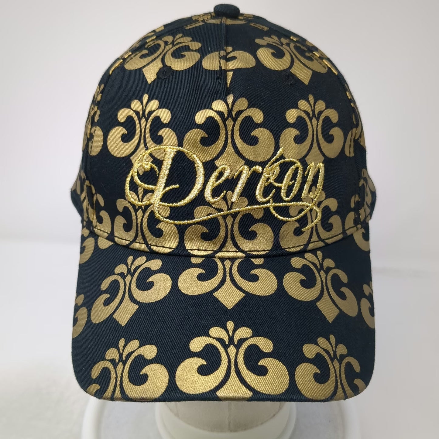 Dereon 5 Panel Black Gold Scroll Pattern Embroidery One Size Hat Streetwear