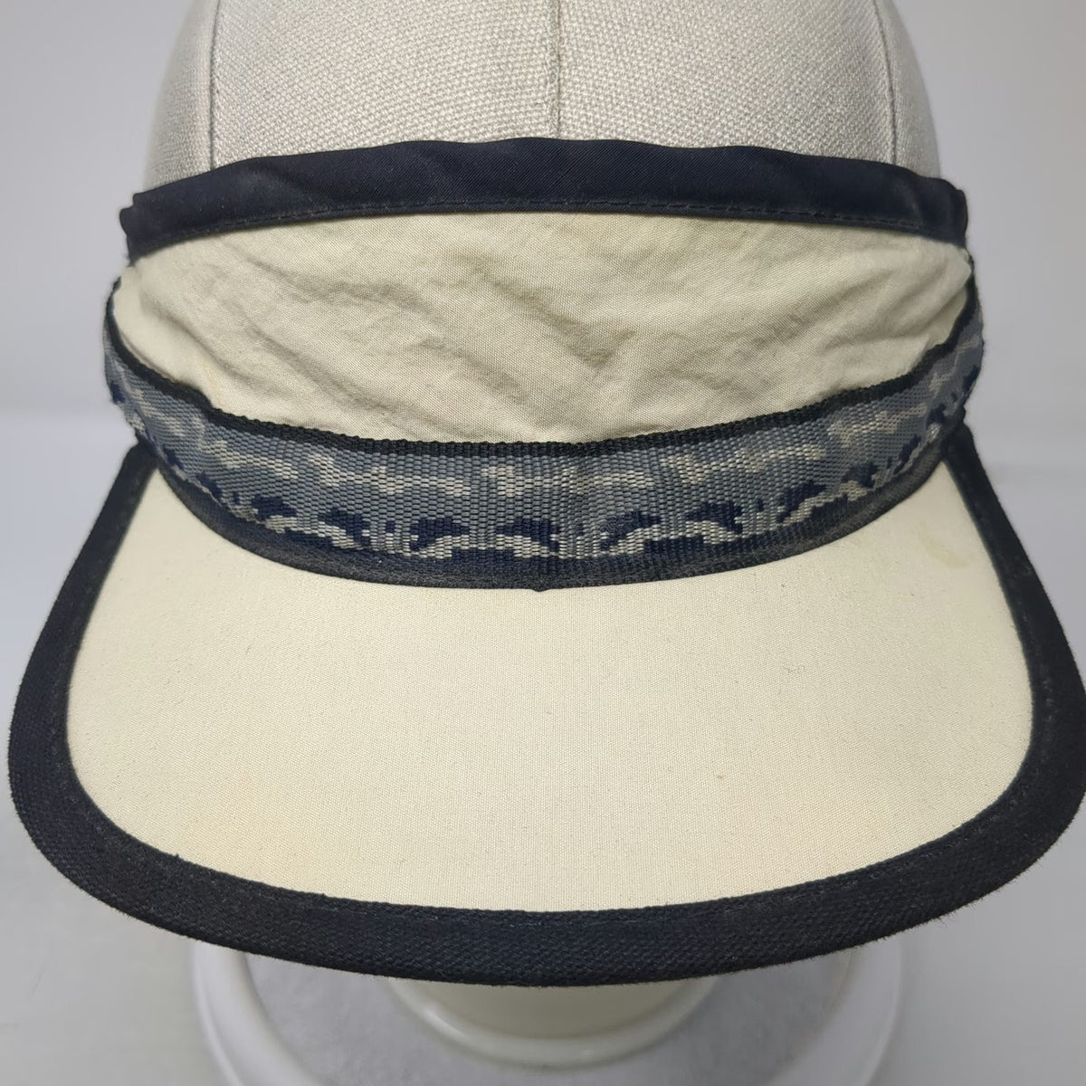 KAVU Visor Beige Blue Black Made in USA Nylon Patterned Adjustable Hat Vintage