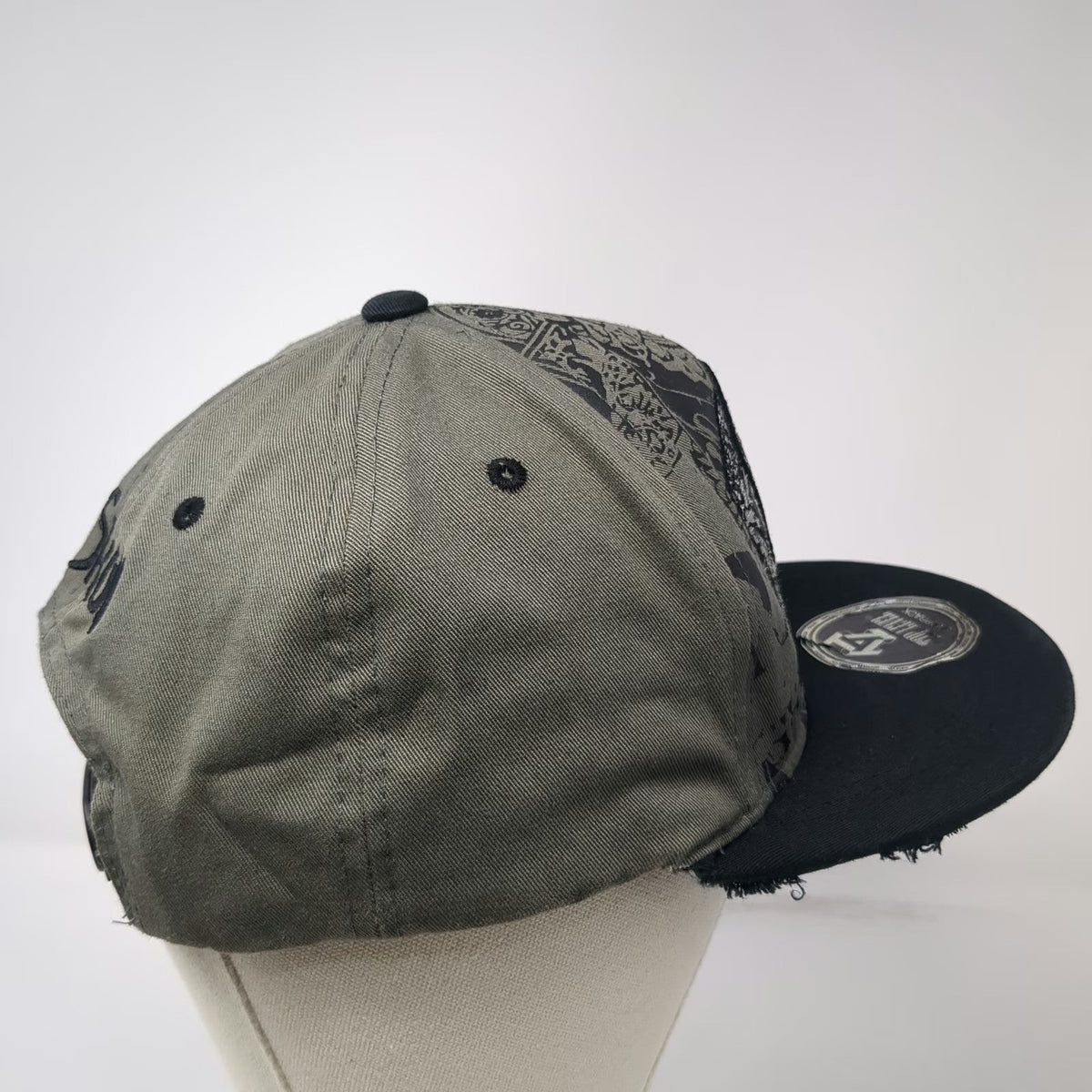 Top Level 5 Panel Green Hat One Size Skull Embroidery Distressed Snapback Biker
