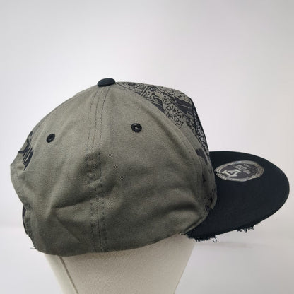 Top Level 5 Panel Green Hat One Size Skull Embroidery Distressed Snapback Biker
