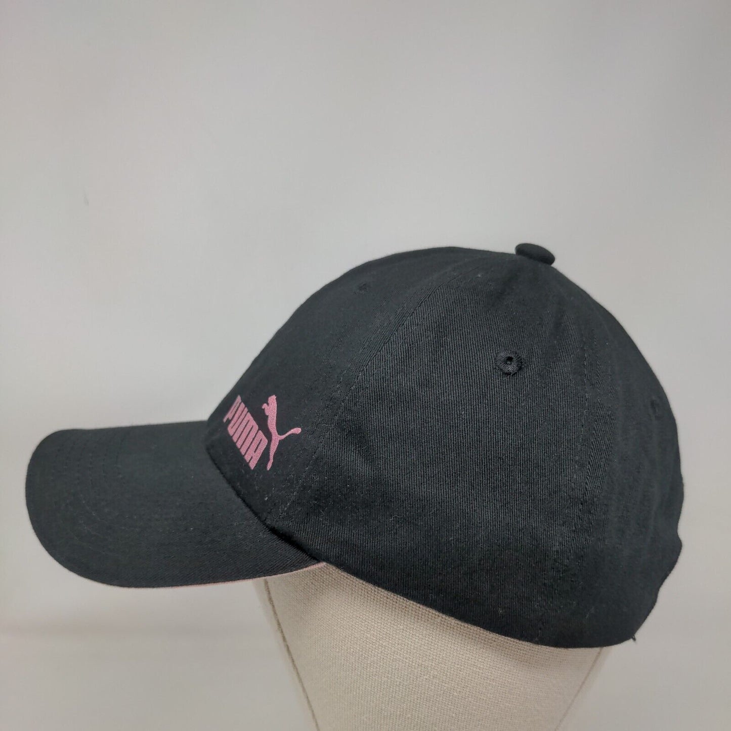 Puma Slideback Hat Black OSFA Adjustable Pink Logo Vent Holes 6 Panel