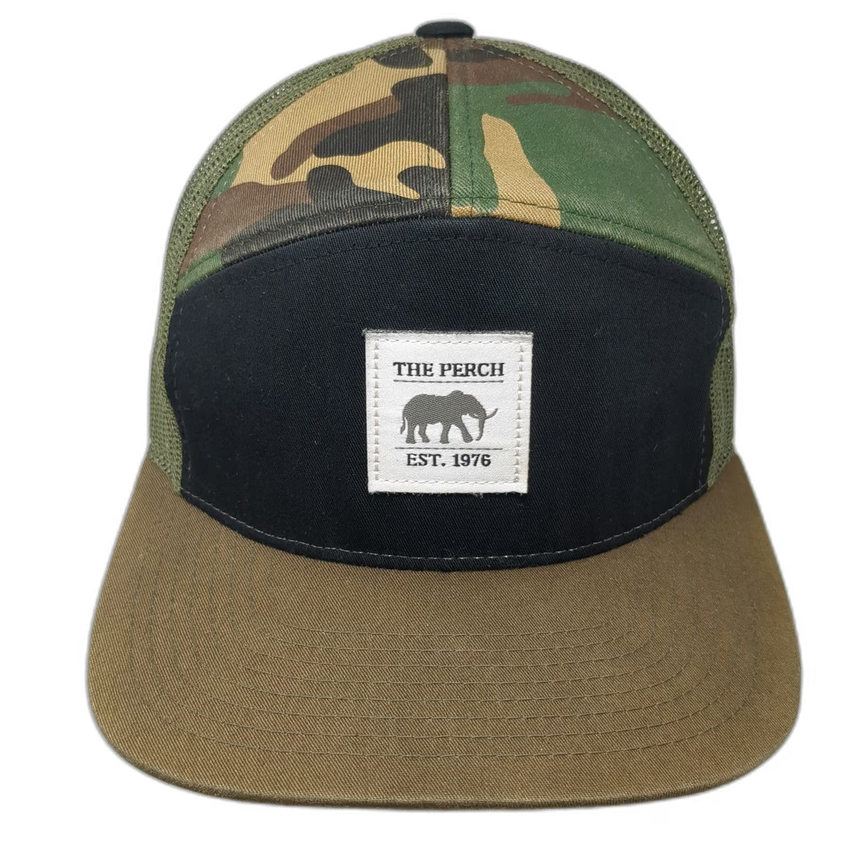 The Perch Trucker Hat Green Black OSFM Camo Mesh Idaho Flat Brim 1976 Elephant