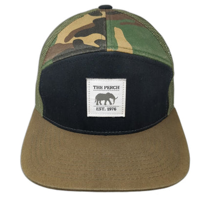 The Perch Trucker Hat Green Black OSFM Camo Mesh Idaho Flat Brim 1976 Elephant