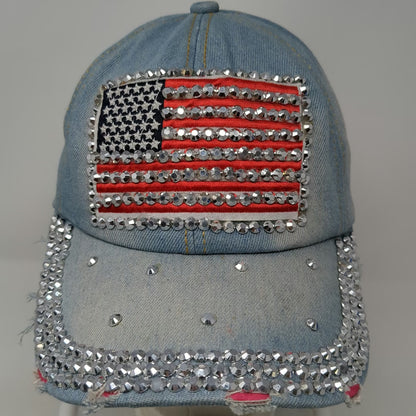 Baseball Cap Blue One Size Rhinestone American Flag Studded Jeweled Denim Hat