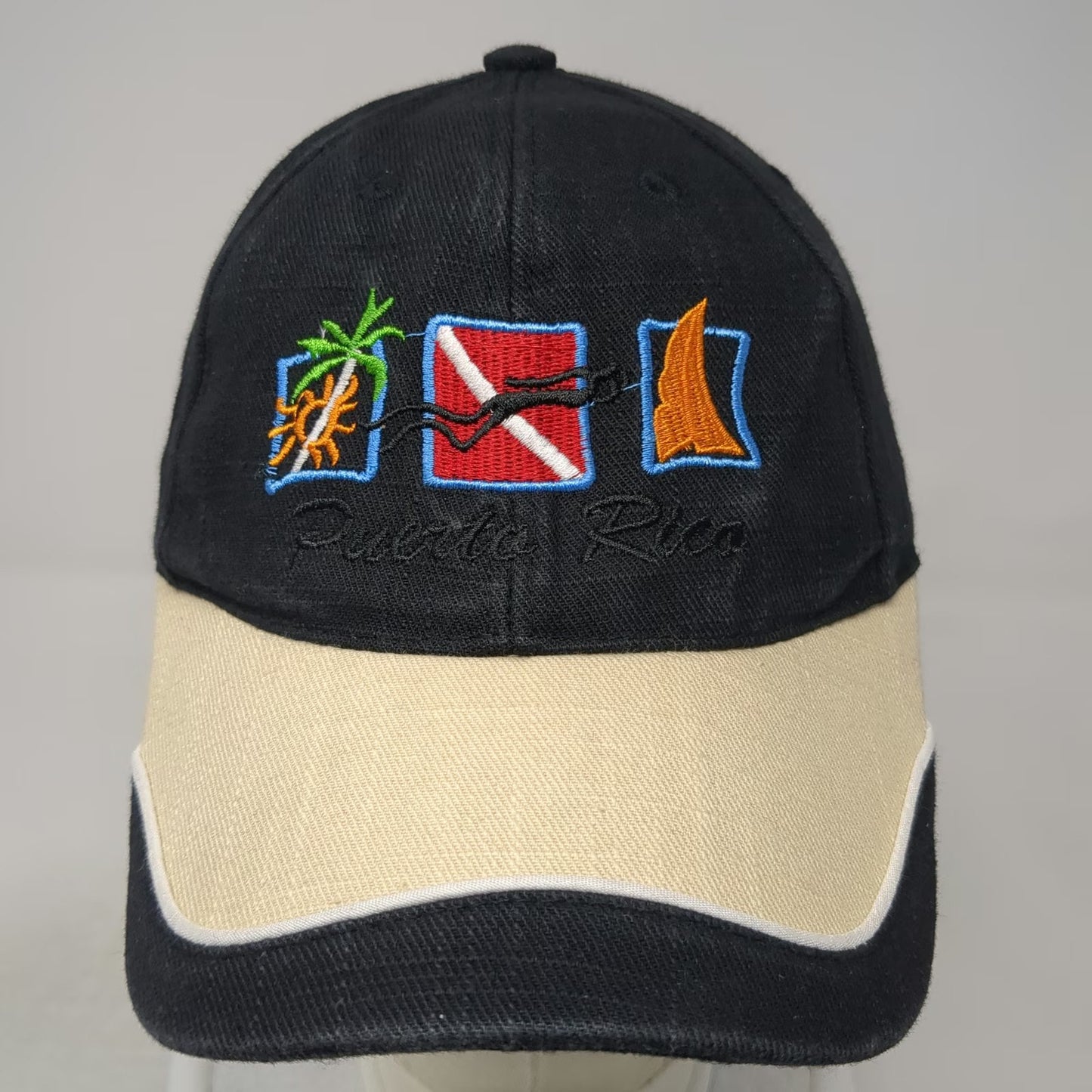Black Baseball Cap One Size Puerto Rico Scuba Sailboat Beige Two Tone Beach Hat