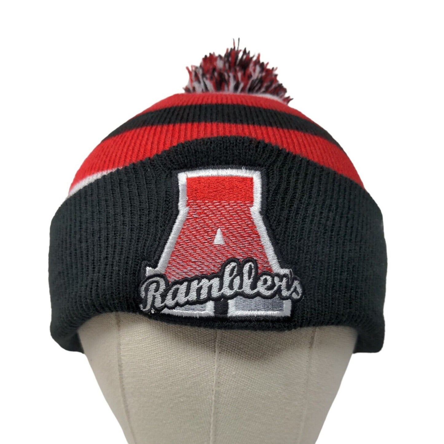 Unbranded Men's Knit Beanie Hat Cap Black Red Striped Pom Pom A Ramblers Logo