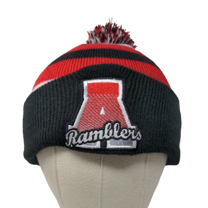 Unbranded Men's Knit Beanie Hat Cap Black Red Striped Pom Pom A Ramblers Logo