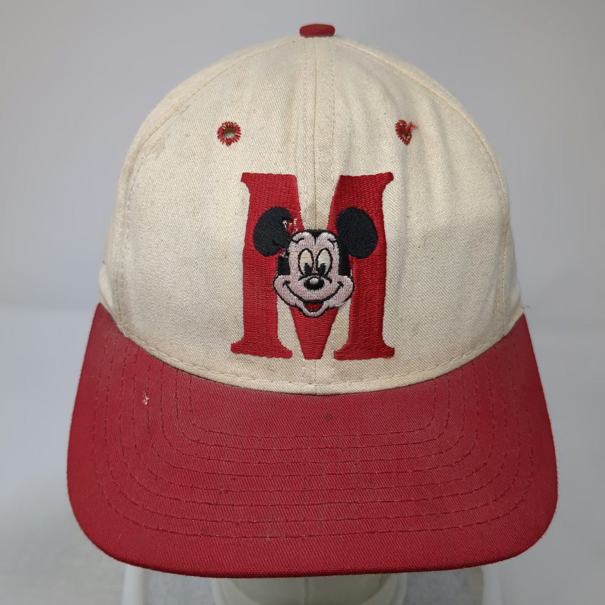 Disney Mickey Mouse Snapback Beige Red One Size Green Underbrim Made in USA Hat