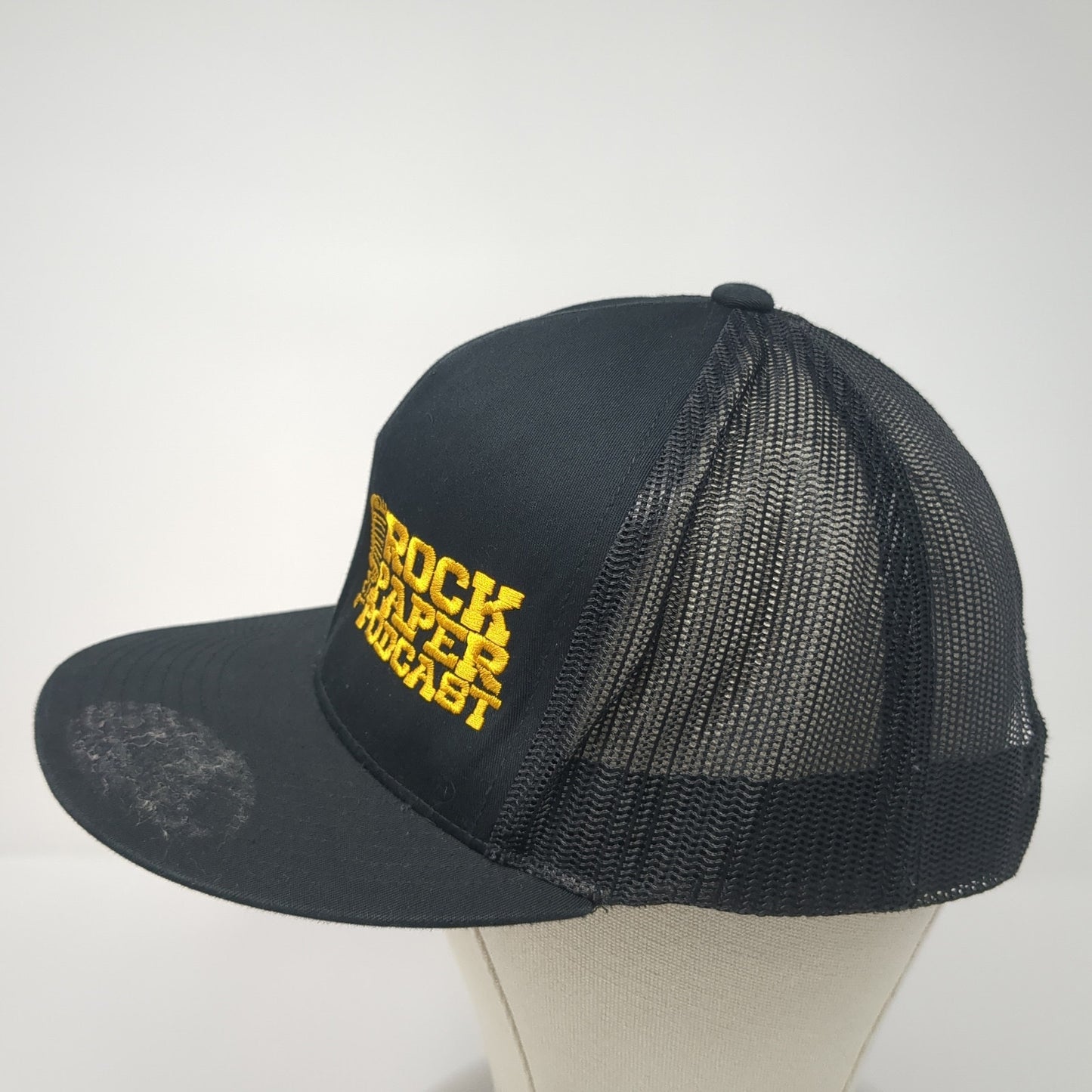 Rock Paper Podcast Snapback Trucker Hat Black One Size Mesh Back Yupoong