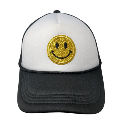 Glitter Smiley Face Snapback Trucker Hat Black OS Adjustable Mesh Back Rope