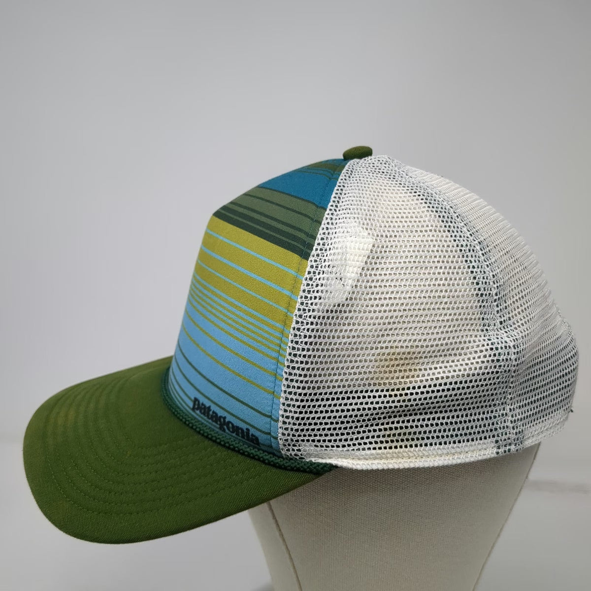 Patagonia Trucker Hat Green One Size Striped Mesh Back Snapback Rope Detail