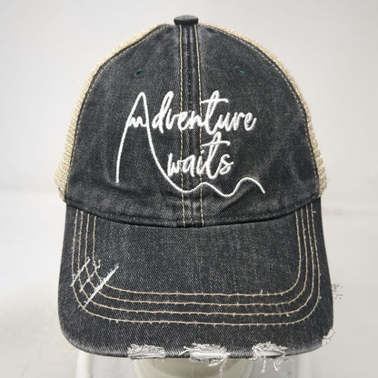 Katydid Baseball Cap Black One Size Adventure Waits Mountain Mesh Distressed Hat